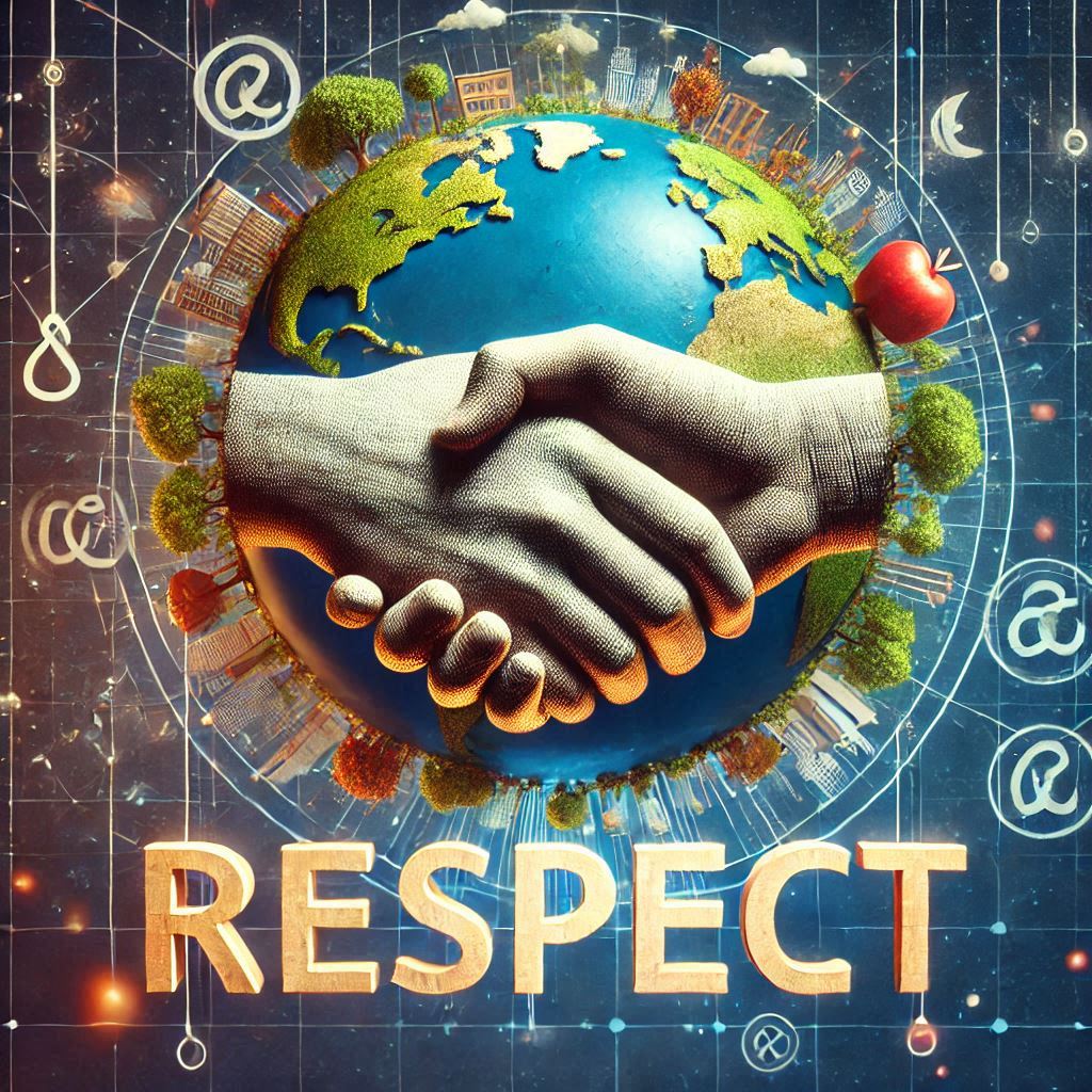 Two hands shaking with the Earth in the background with different symbols around it