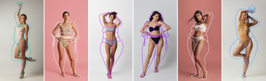 Picture of five beautiful women showing different body types showing confidence in their appearance. 