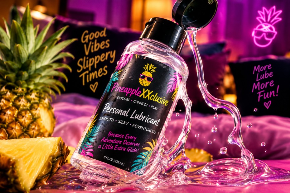 PineappleXXclusive personal lubricant bottle spilling silky gel across vibrant pink and purple surfaces, promoting lubricants for the swinger lifestyle, sexual wellness, and safer, more comfortable intimacy.